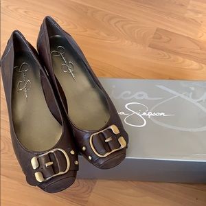 Dark brown leather wedge pump